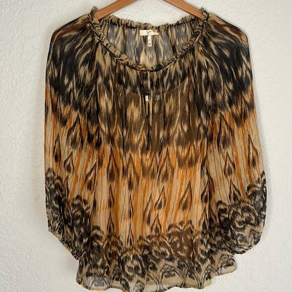 Joie 100% Silk Brown Orange Peasant Blouse Front Tie Boho Artsy Hippie Fall - Picture 1 of 5